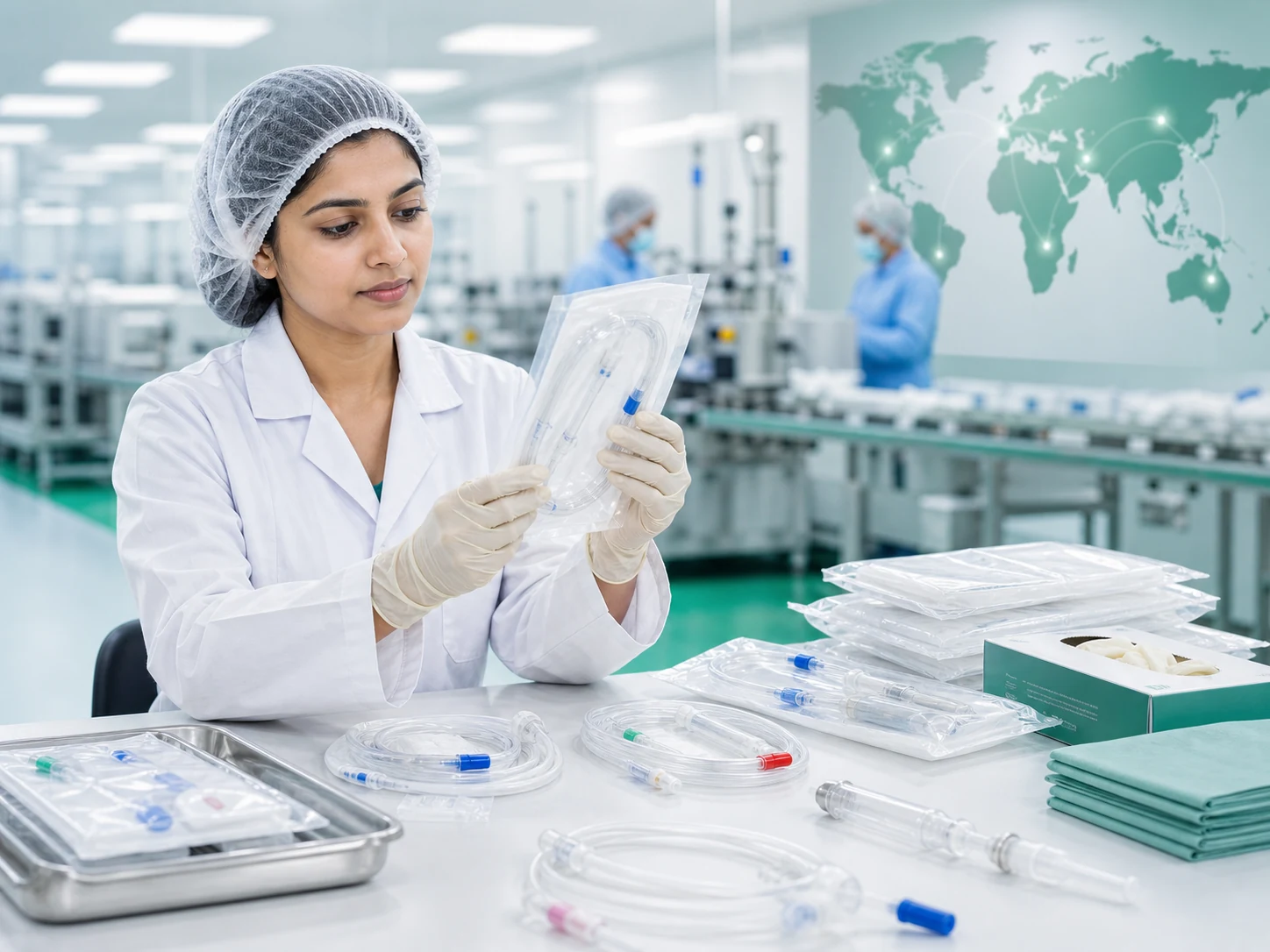 Quality specialist inspecting sterile medical disposables in a manufacturing facility