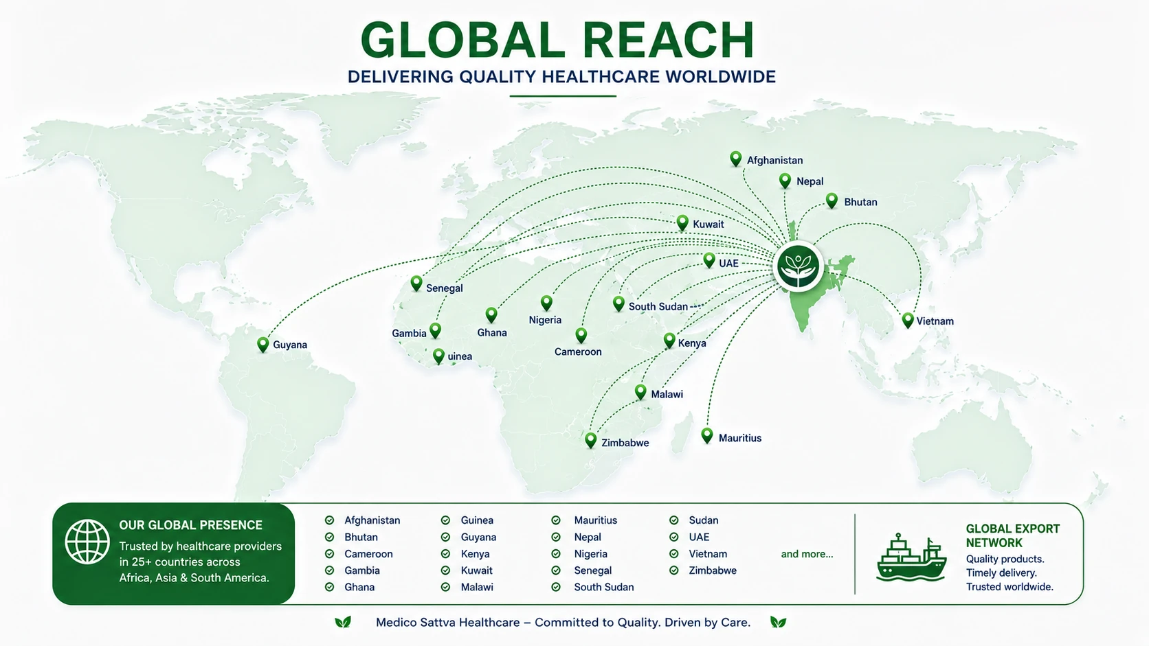 Global reach map showing Medico Sattva Healthcare export markets